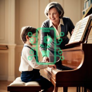 Piano Lesson with a Teacher Guiding a Young Student