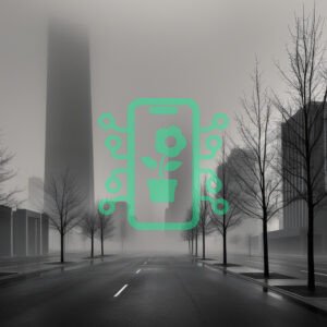 Foggy city street with bare trees