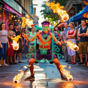 Street Performer Juggling Fire in a Vibrant Market