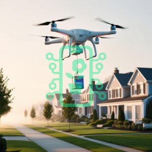 Drone Delivering Package Over a Suburban Neighborhood