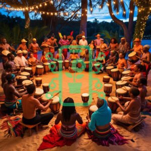 Drumming Circle Celebrating Culture Under Twinkling Lights