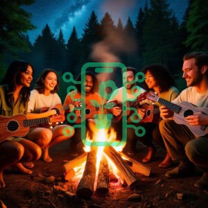 Friends Playing Ukuleles Around a Cozy Campfire