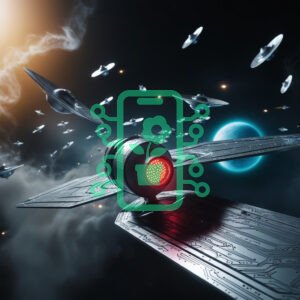 Futuristic Spacecraft Surrounded by UFOs in Deep Space