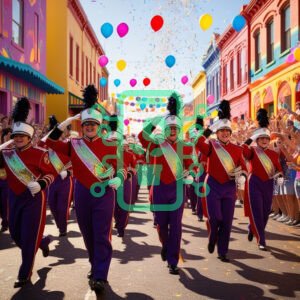 Marching Band Parading Through a Festive Street Event