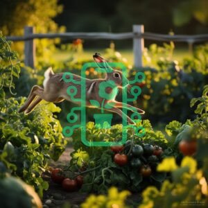 Rabbit Hopping Through a Garden at Sunset