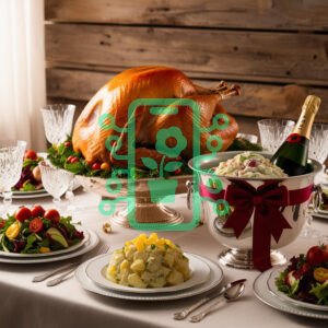 Festive Holiday Feast with Roasted Turkey and Champagne