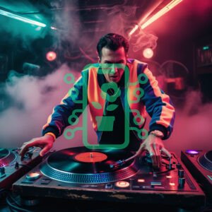 Dynamic DJ Spinning Tracks in a Neon Lit Club
