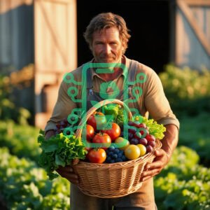 Farmer Proudly Holding a Basket of Fresh Harvest