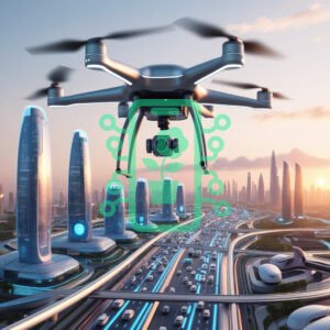 Futuristic Drone Flying Over a Smart City Highway