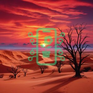 Vivid Desert Sunset with Silhouetted Trees