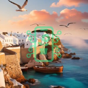 Charming Coastal Village with Seagulls and Boats