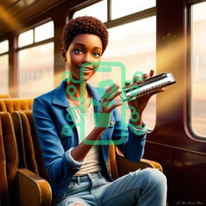 Joyful Harmonica Player Traveling on a Sunny Train