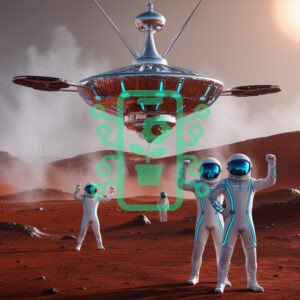 Space Explorers Celebrating on Mars Near a UFO