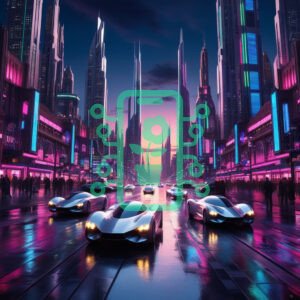 Futuristic City with High-Tech Cars at Dusk