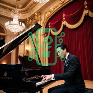 Elegant Pianist Performing on a Grand Concert Stage