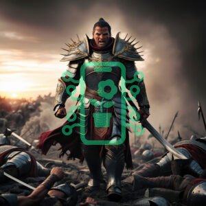 Warrior in Battle Armor Amidst a Fierce Battlefield