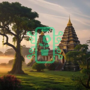 Serene Temple at Sunrise Amidst Lush Greenery