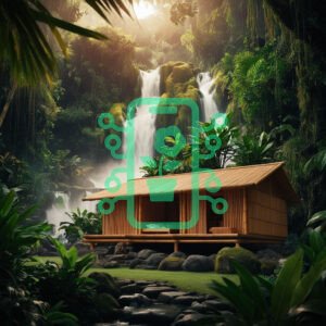 Serene Bamboo Hut by a Majestic Jungle Waterfall