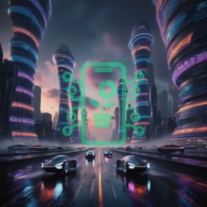 Futuristic Cityscape with Neon Towers and Cars