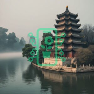 Serene Pagoda by the Lake Amidst Misty Mountains