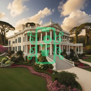 Elegant Mansion Surrounded by Lush Gardens at Sunset