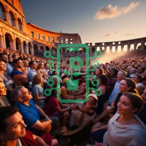 Joyful Gathering in a Historic Amphitheater at Sunset